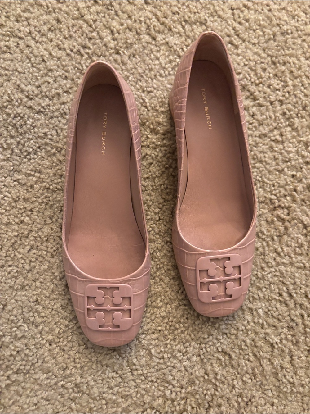 Tory Burch Blush Pink Croc-Embossed Logo Ballet Flats